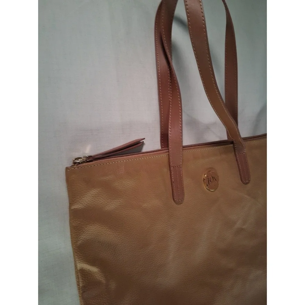 Joy Mangano Cognac Brown Leather Tote Bag Zippered Shoulder‎ Bag Large Carryall